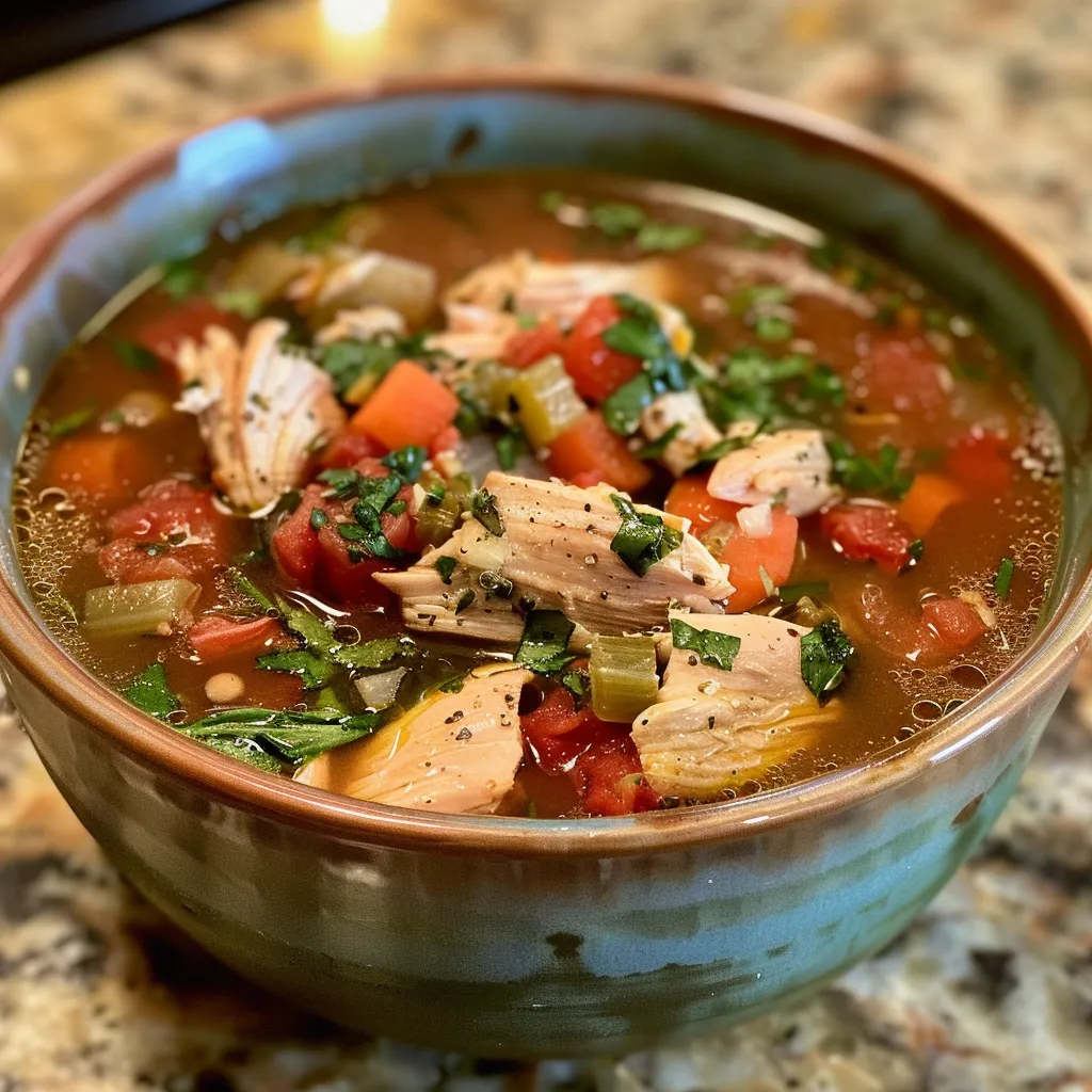 Side angle photo featuring a hearty Tuscan Chicken Soup, highlighting its creamy texture.