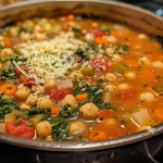Close-up view of a bowl of Tuscan chickpea soup with vibrant vegetables and herbs.