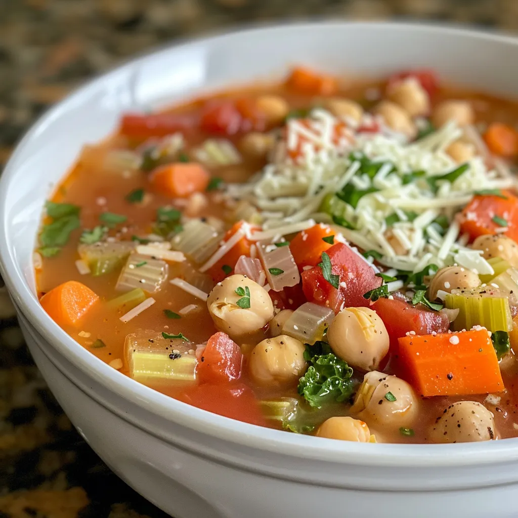 Side view of a hearty Tuscan chickpea soup garnished with kale and Parmesan cheese.