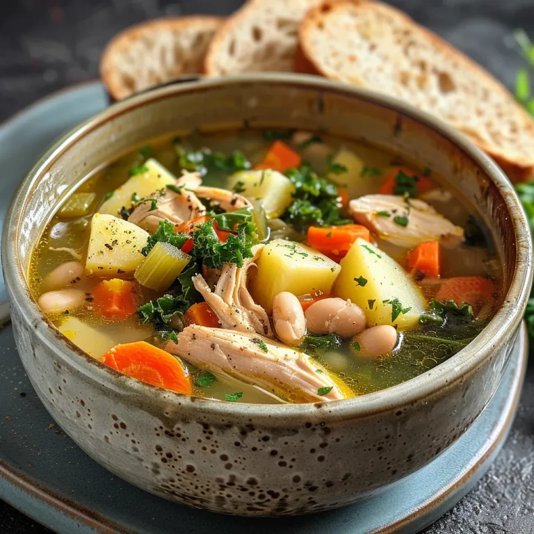 Close-up view of a bowl of Tuscan Style Chicken Soup, showcasing ingredients like chicken, vegetables, and herbs.