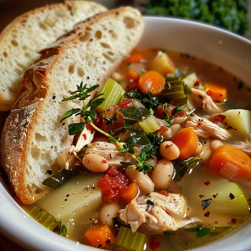 Side view of a hearty Tuscan Style Chicken Soup filled with shredded chicken, kale, and cannellini beans in a rich broth.