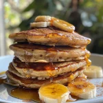 Close-up view of fluffy vegan banana oat pancakes stacked on a plate.