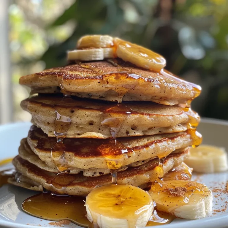 Close-up view of fluffy vegan banana oat pancakes stacked on a plate.