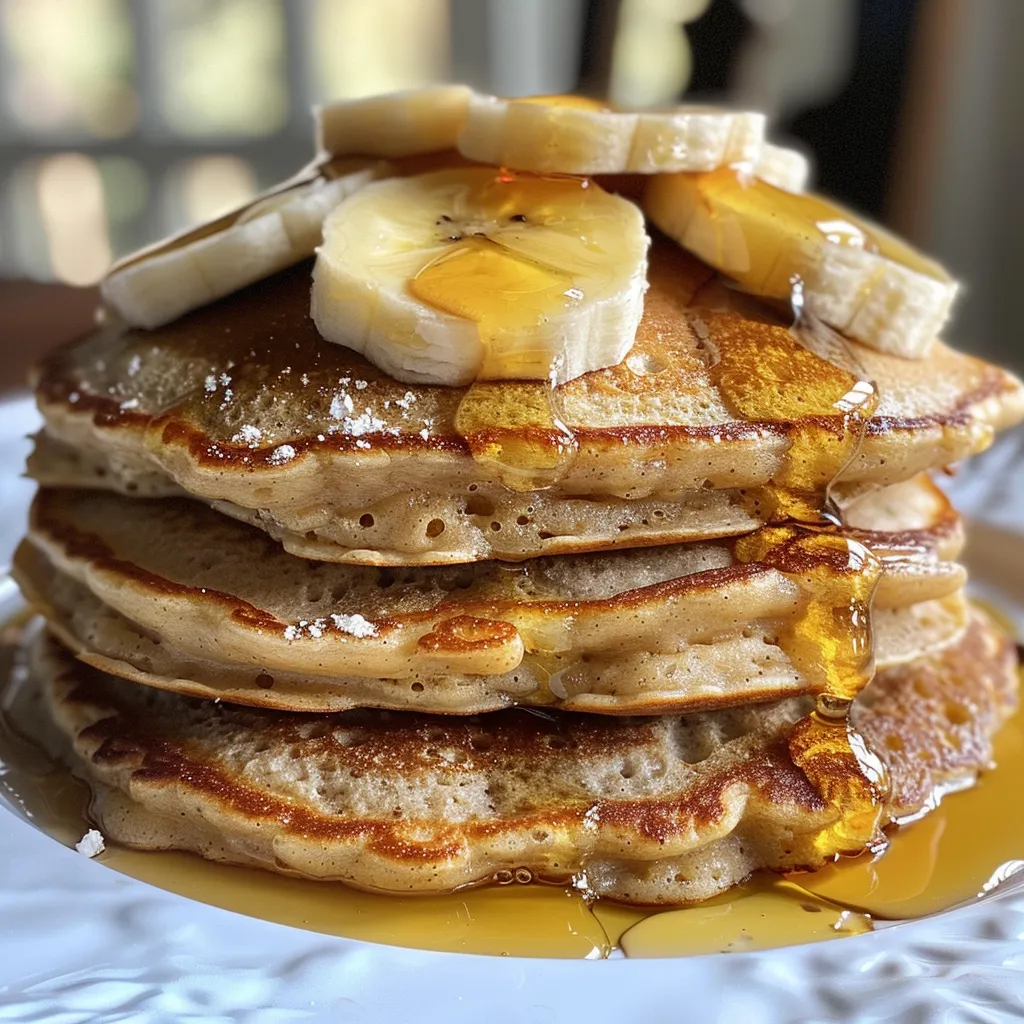 Side view of golden-brown vegan banana oat pancakes drizzled with maple syrup.