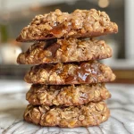 A close-up side view of golden-brown, chewy vegan gluten-free oatmeal cookies on a white plate.