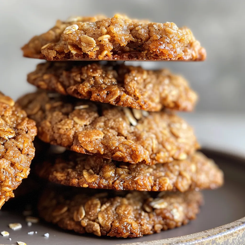 Delicious-looking vegan gluten-free oatmeal cookies, showcasing a texture filled with oats, highlighted in a close-up shot.