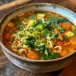 Close-up of a vibrant bowl of vegan vegetable noodle soup with colorful vegetables and noodles.
