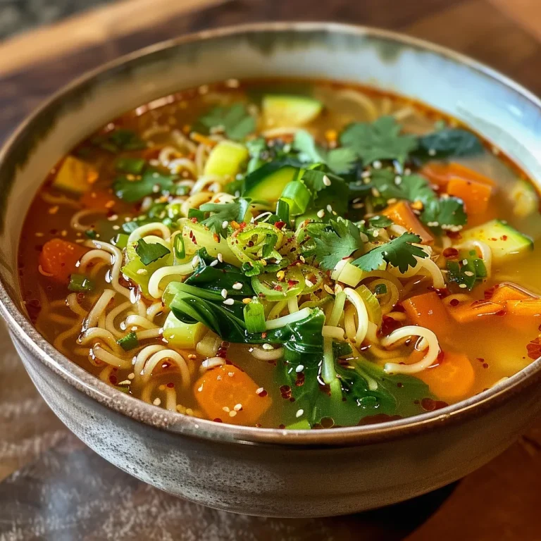Close-up of a vibrant bowl of vegan vegetable noodle soup with colorful vegetables and noodles.