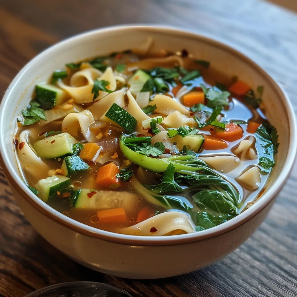 Side angle of a steaming bowl of Vegan Vegetable Noodle Soup with noodles and various vegetables.