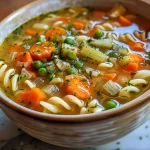 Close-up of a bowl of vegetable noodle soup with colorful vegetables and pasta.