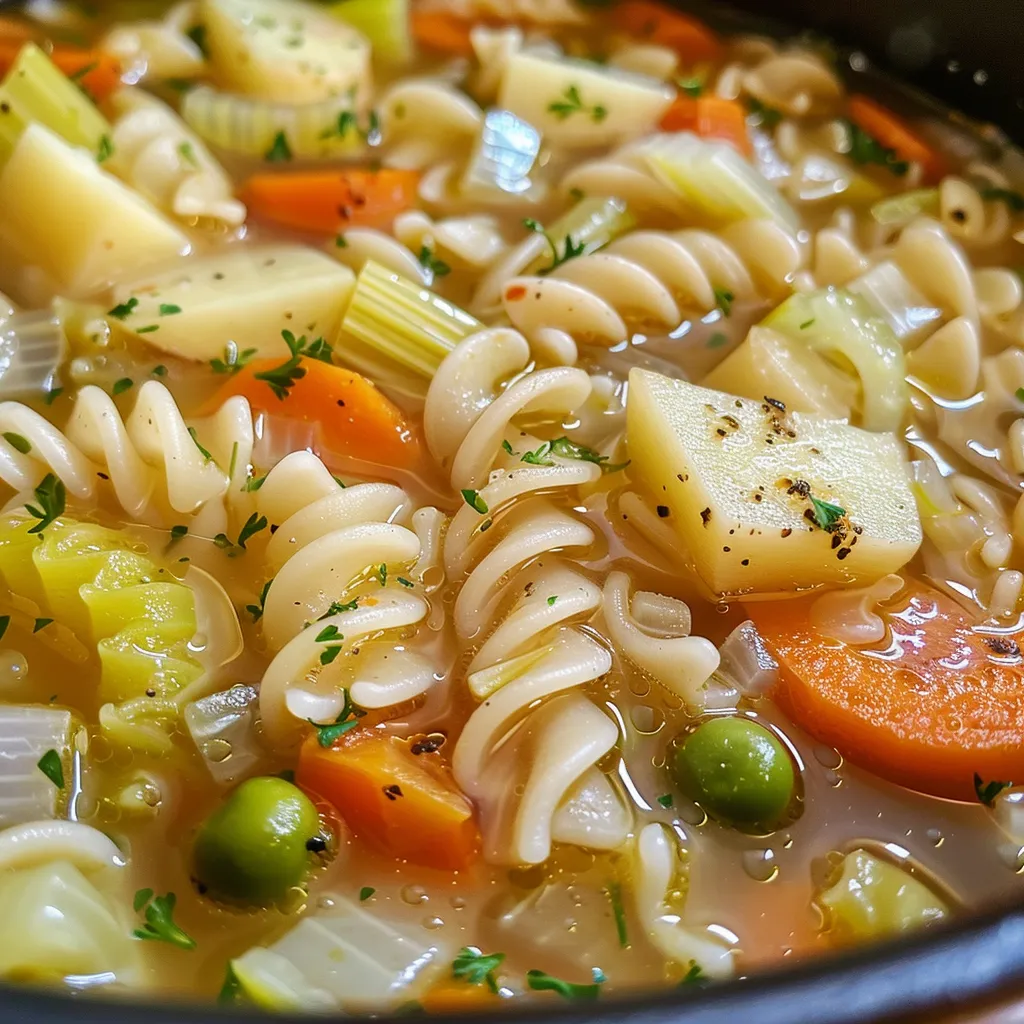 Side view of a steaming bowl of vegetable noodle soup showcasing fresh ingredients.