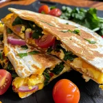 Close-up view of a veggie-loaded breakfast quesadilla with colorful ingredients.