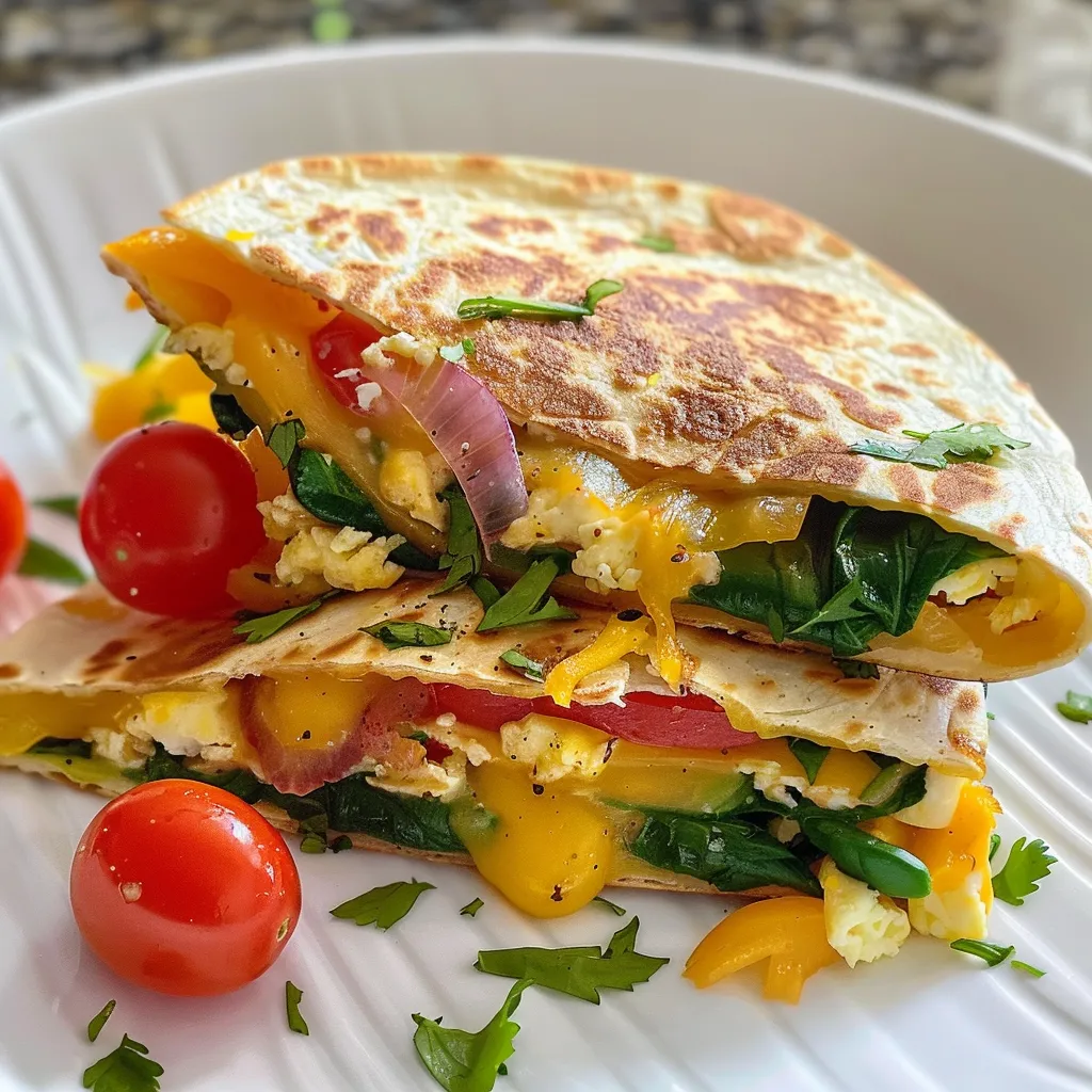 Juicy breakfast quesadilla filled with bell peppers, spinach, and cheese on a plate.