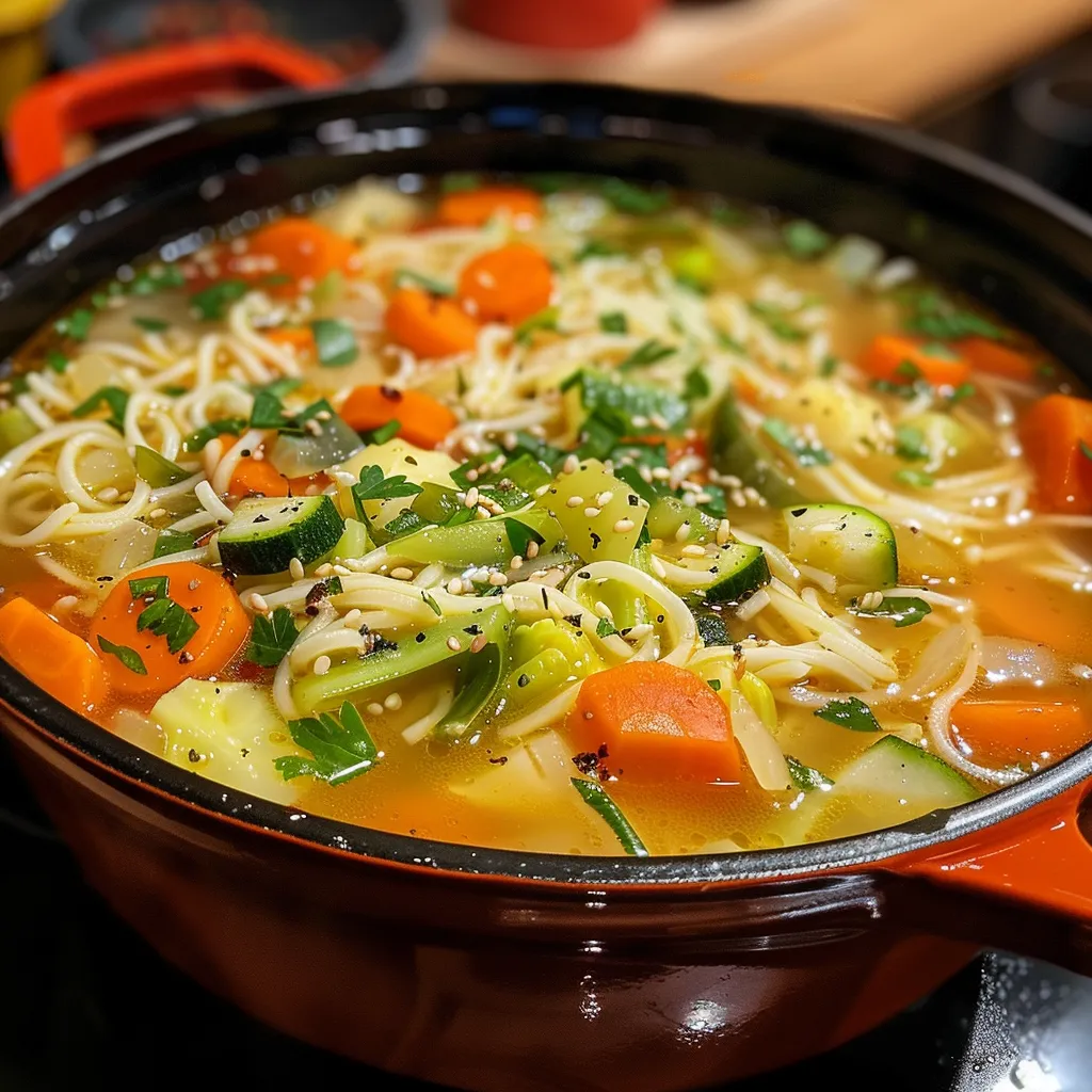A side view of a delicious bowl of noodle soup filled with colorful veggies and herbs.