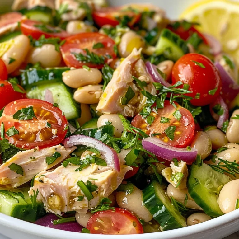 A colorful bowl of white bean and tuna salad with lemon slices, cherry tomatoes, and herbs.