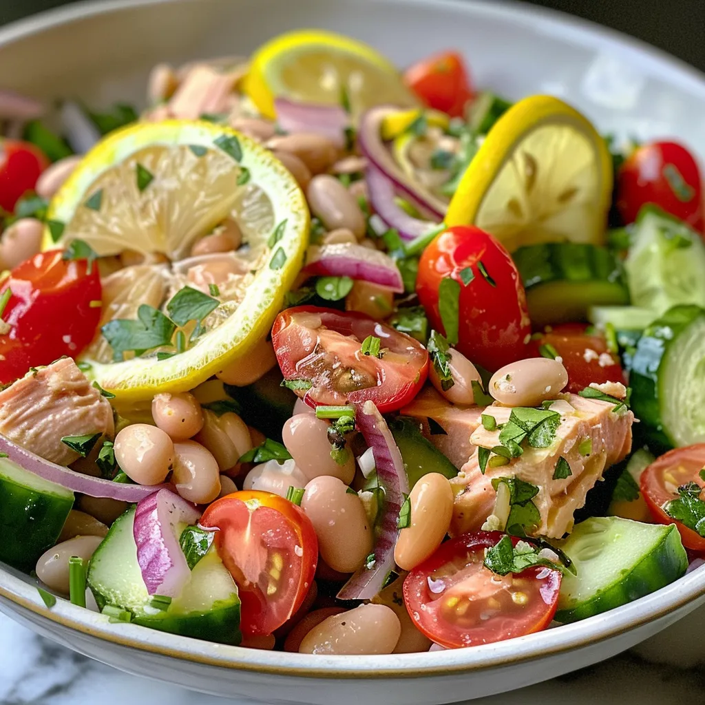 Side view of a fresh white bean and tuna salad featuring cucumbers and red onions.
