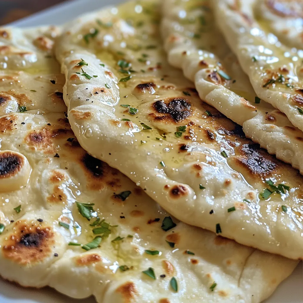 Side view of a freshly baked yogurt flatbread on a wooden surface.