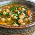 Close-up view of a bowl of hearty chickpea and spinach soup with vibrant greens and chickpeas.