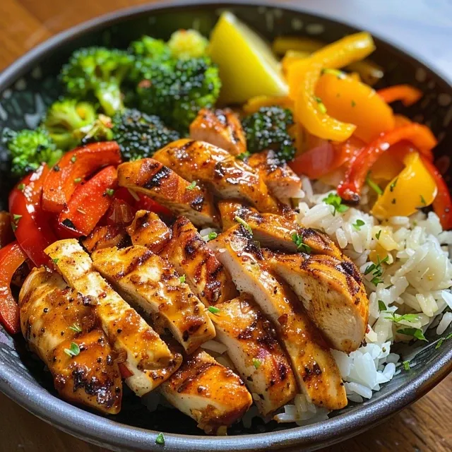 Close-up view of a balanced chicken and veggie power bowl featuring colorful ingredients.