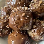 Close-up view of chocolate-covered peanut butter protein balls on a plate.