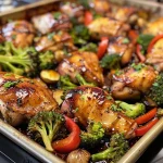 Close-up of juicy sheet pan balsamic chicken thighs alongside vibrant vegetables.