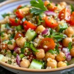 Close-up view of a colorful chickpea quinoa salad with diced vegetables and herbs.
