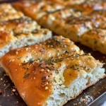 Close-up of soft and fluffy gluten-free focaccia bread with a golden crust.