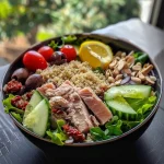 A vibrant Tuna and Quinoa Power Bowl featuring colorful ingredients.