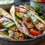 Close-up view of a Greek chicken wrap filled with fresh vegetables and chicken, garnished with herbs.