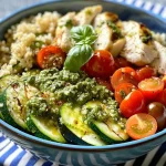 A close-up view of colorful Pesto Chicken Quinoa Bowls with fresh vegetables.