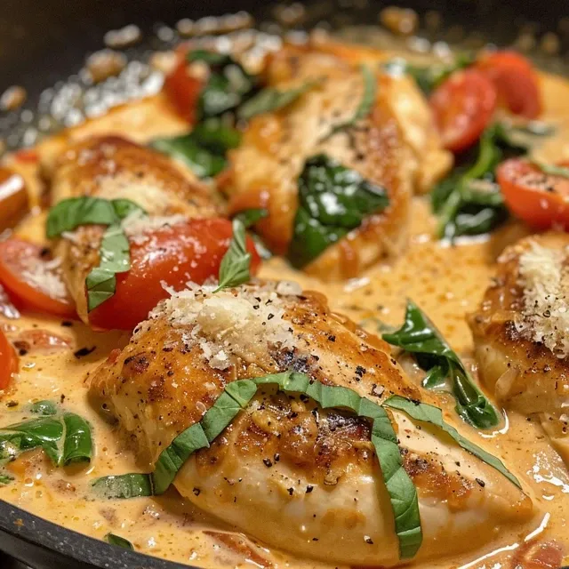 A close-up side view of a creamy tomato chicken skillet dinner, showcasing juicy chicken and vibrant kale.