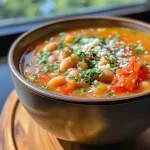 Close-up of a bowl filled with creamy White Bean Tomato Soup topped with grated parmesan and parsley.