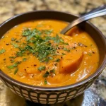 Close-up view of a creamy sweet potato soup with visible chunks of sweet potato and herbs.
