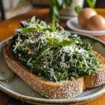 Close-up view of a slice of sourdough toast topped with vibrant spinach pesto and a poached egg.