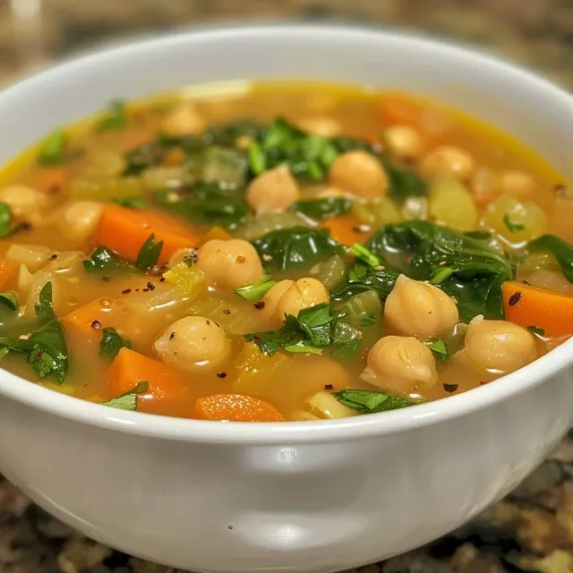 Side shot of a steaming bowl of chickpea and spinach soup, highlighting its rich texture and garnishes.