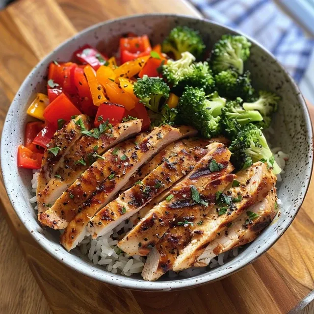 Side view of a power bowl with sliced chicken, vibrant vegetables, and rice.