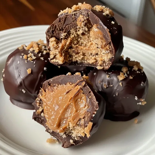 Side view of juicy chocolate-covered peanut butter protein balls with a glossy finish.