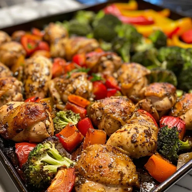 Side view of roasted chicken with broccoli and red bell pepper on a baking sheet.