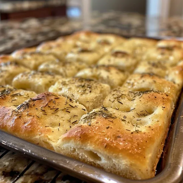 Side view of moist gluten-free focaccia displaying herbs and seasoning.