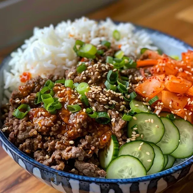 A delicious Korean Beef Rice Bowl featuring minced beef, bright vegetables, and a rich sauce.