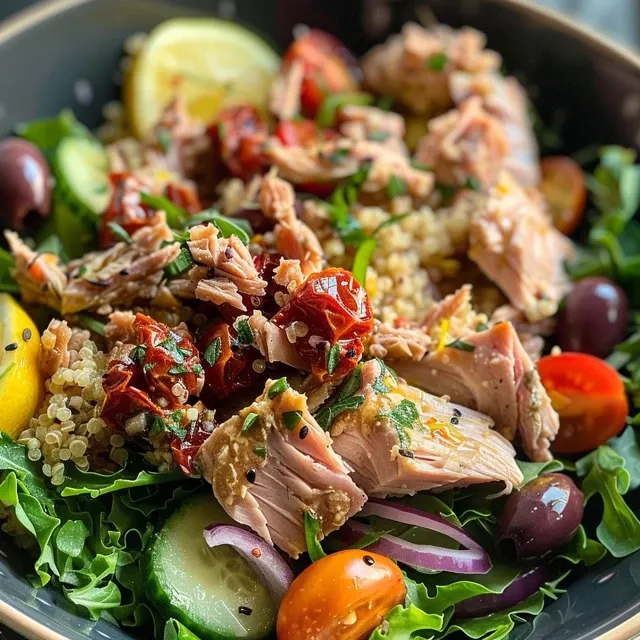 Close-up view of a bowl with quinoa, tuna, and fresh vegetables.