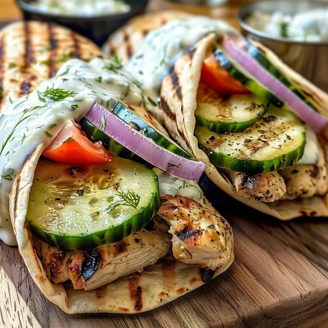 Side view of a juicy Greek chicken wrap showcasing grilled chicken, tomatoes, and cucumbers.