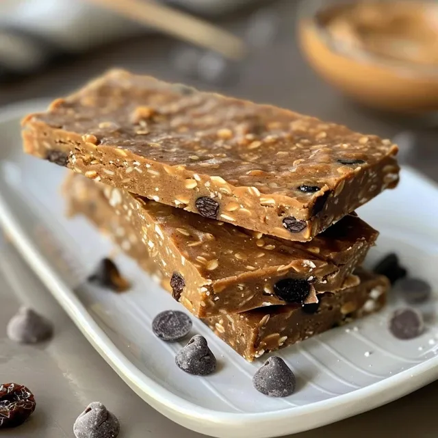 Side perspective of stacked no bake coconut protein bars featuring shredded coconut on top.