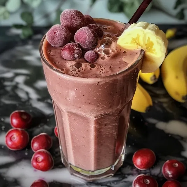 Side view of a thick, red berry smoothie topped with coconut yogurt.