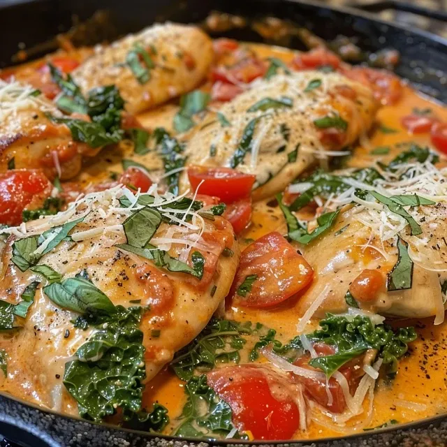 Delicious creamy tomato chicken dish in a skillet, with visible ingredients including chicken, tomatoes, and herbs.