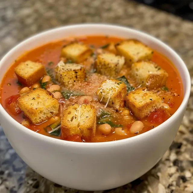 Side view of a bowl of creamy tomato soup with white beans and herbs, garnished with croutons.