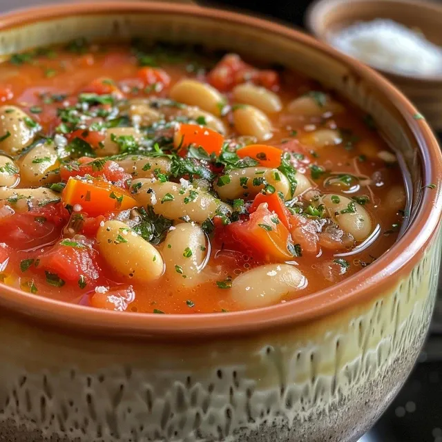 A side view of a bowl of White Bean Tomato Soup with garlic, herbs, and a drizzle of olive oil.