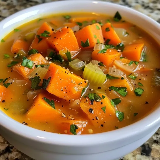 A vibrant bowl of sweet potato soup garnished with parsley and a sprinkle of smoked paprika.