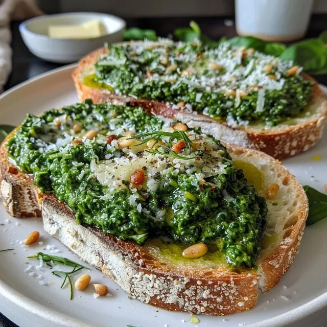 Side view of crispy sourdough toast featuring a rich green spinach pesto spread and garnished with microgreens.