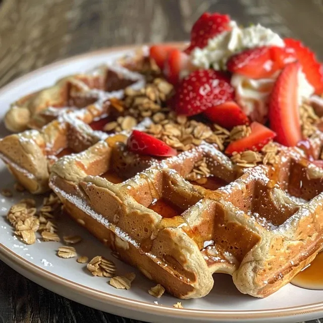 Side view of golden-brown strawberry oat waffles, showcasing their fluffy texture.